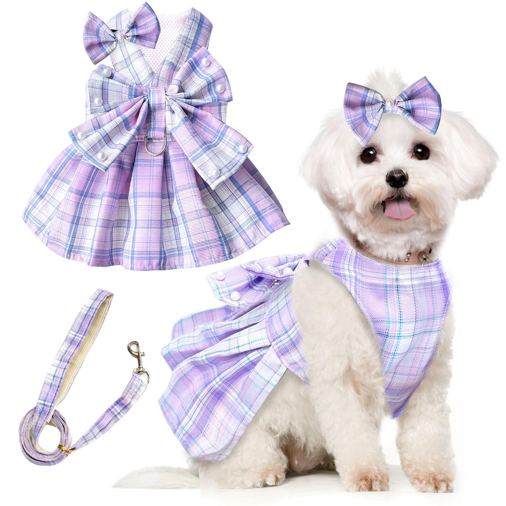 Vestido PETCARE para perro pequeño con cuadros morados y lazo, ideal para paseos
