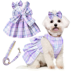 Vestido PETCARE para perro pequeño con cuadros morados y lazo, ideal para paseos