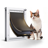 PETCOMING puerta para gato con marco blanco, diseño duradero para uso diario.