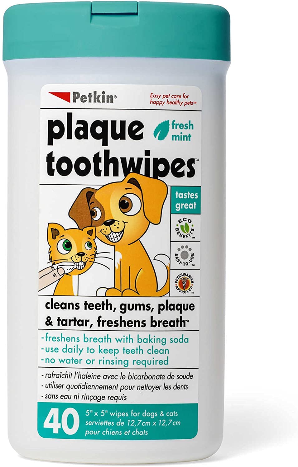 Petkin toallitas dentales 40 unidades en envase, limpieza suave de dientes y encías.