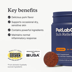 PetLab Co. Itch Relief Chew Pro con aceite de anchoa para piel sana y pelaje brillante.