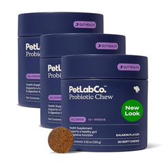 PetLab Co Probióticos para perros, envase sabor salmón, apoyo al equilibrio intestinal.