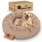 La cama Donut de Petloox camel XL, vista lateral, ofrece apoyo cálido.