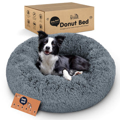 Cama donut Petloox, nido de confort gris oscuro para perros y gatos.