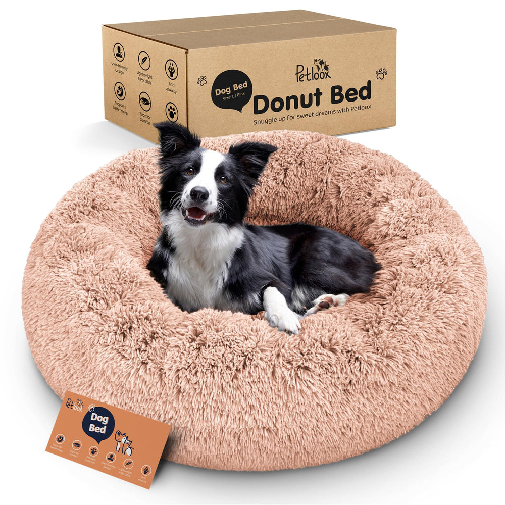 Petloox Donut Bed rosa grande, vista frontal, descanso cómodo y acogedor para tu perro
