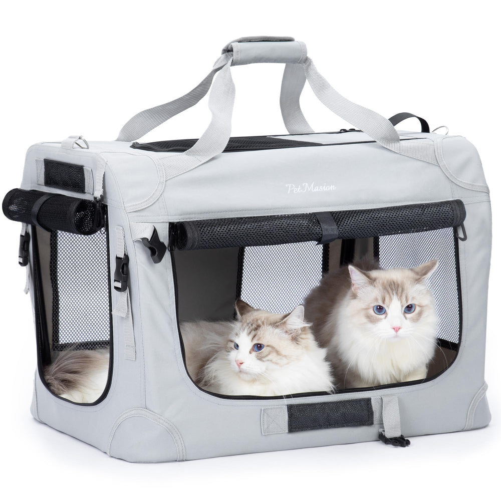 Transportín PetMansion extragrande para dos gatos, perfecto para viajar en coche.