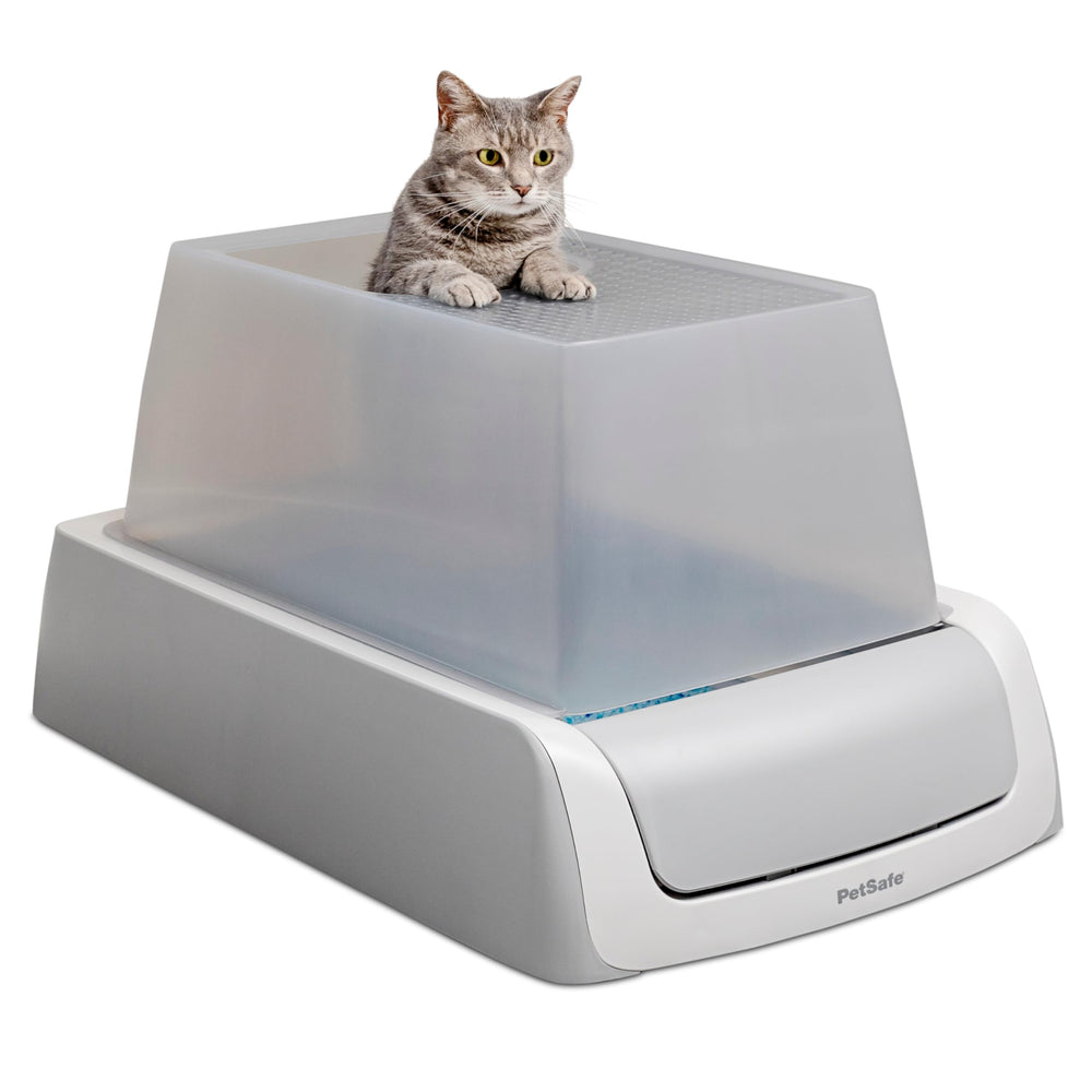 Petsafe ScoopFree Crystal Pro Legacy, caja de entrada superior para gatos, limpieza automática fácil.