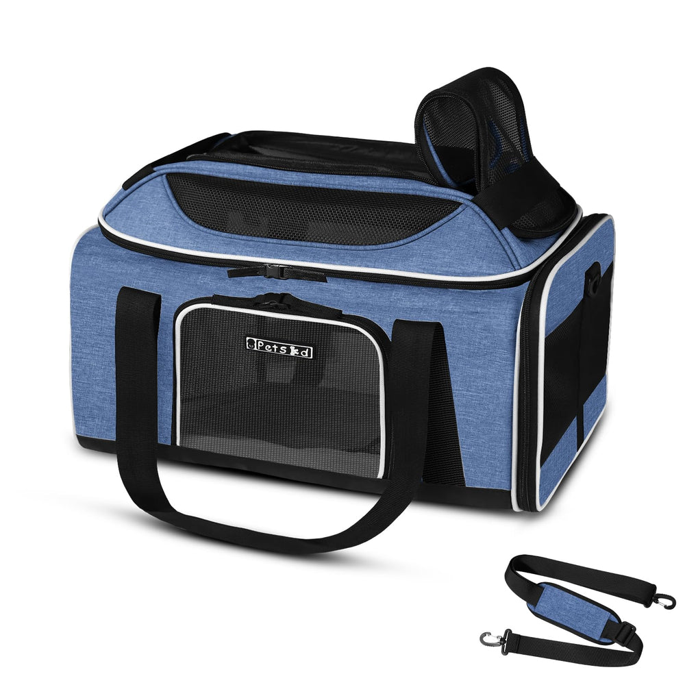 Petskd transportín expandible azul para viajar en cabina.