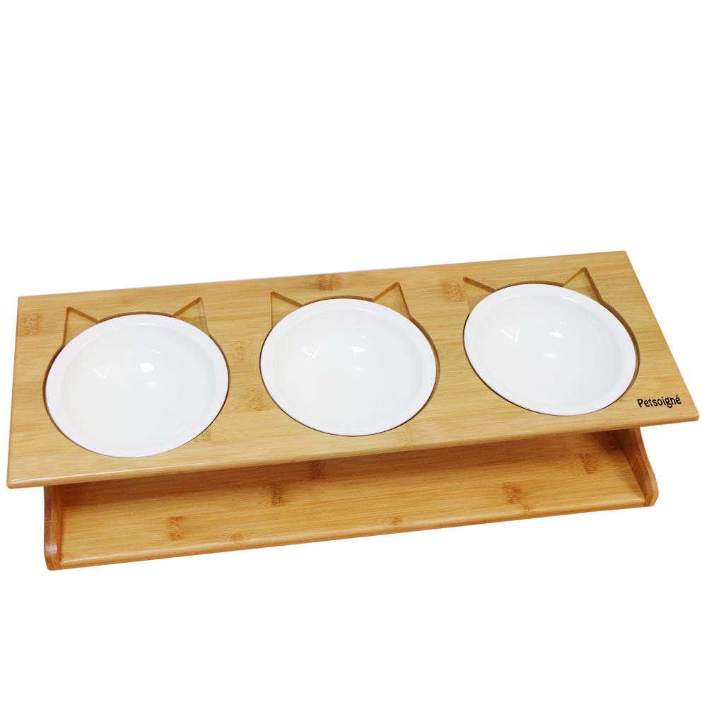 Petsoigné cuencos para gatos en soporte de madera, conjunto compacto y práctico para comer.