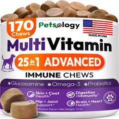Petsology Dog Multivitamin: botella de comprimidos para perros, fácil de administrar.