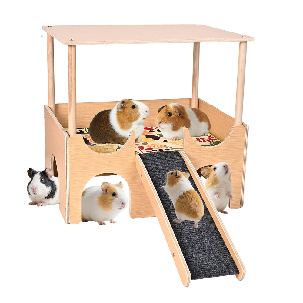 PETTDATE gran casita de madera para conejillos de indias, dos niveles para juego seguro