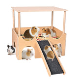 PETTDATE gran casita de madera para conejillos de indias, dos niveles para juego seguro