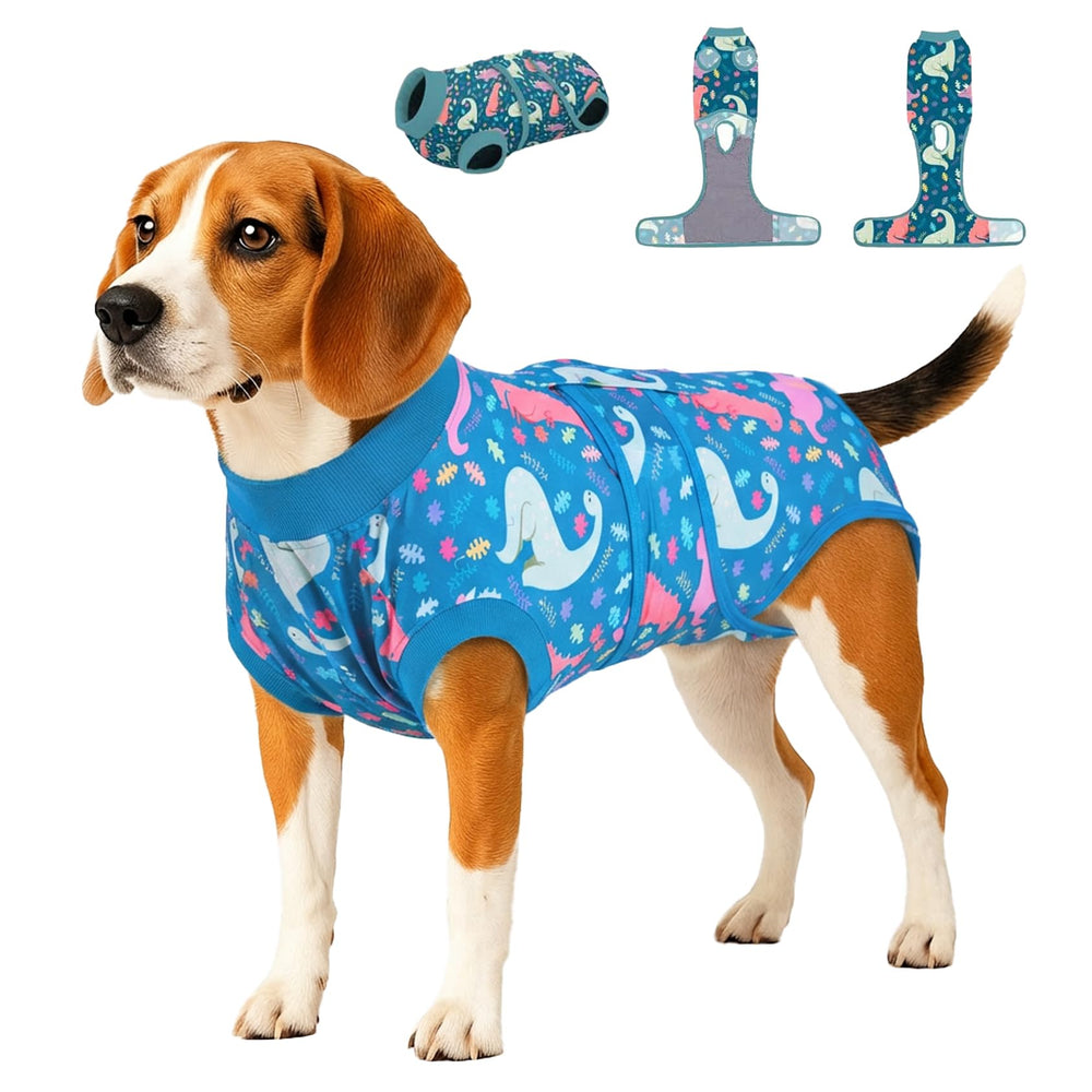 PetWarm mono de recuperación para perros con patrón dinosaurio, cómodo y seguro.