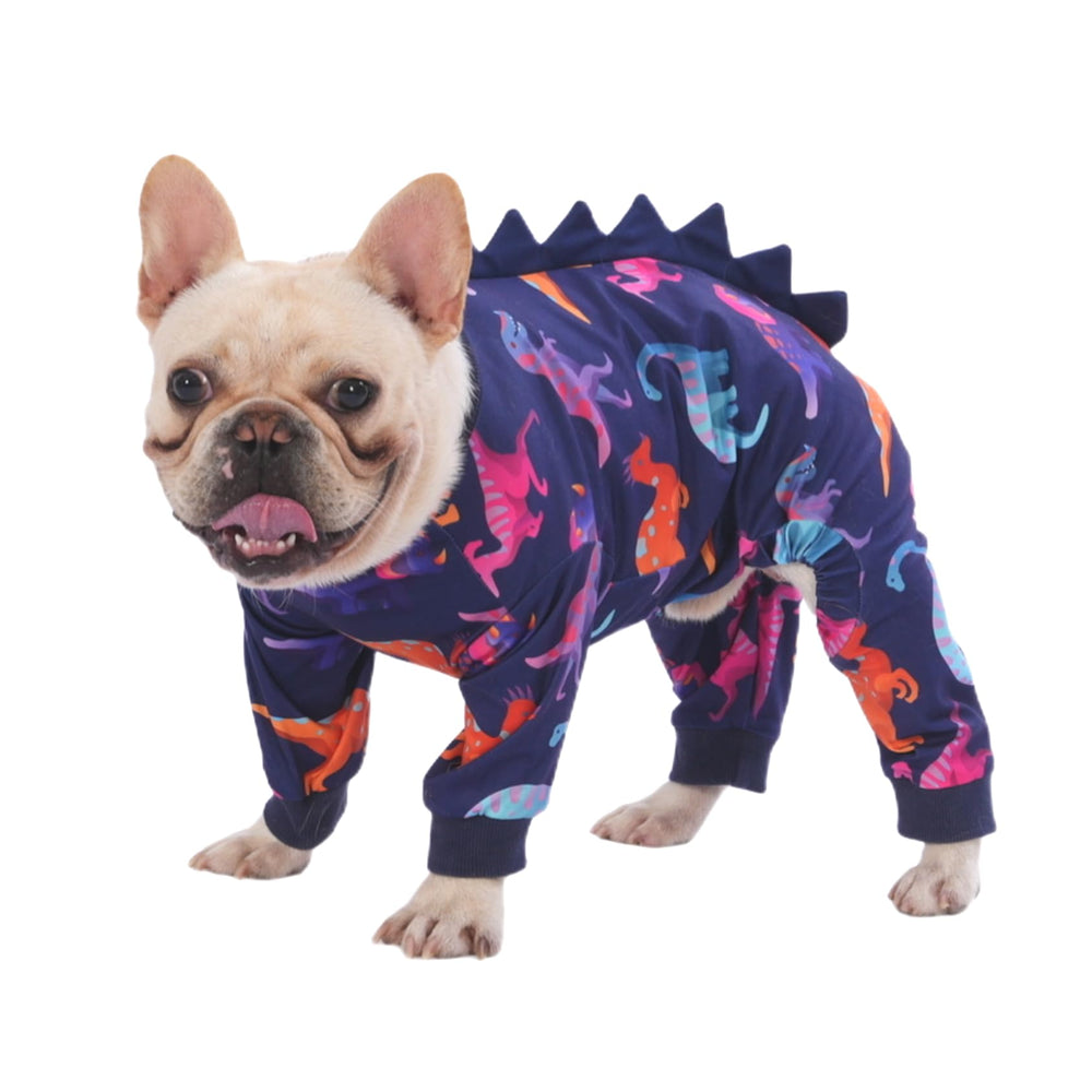 PetWarm pijama perro dinosaurio morado frente; contiene pelo suelto y ofrece comodidad