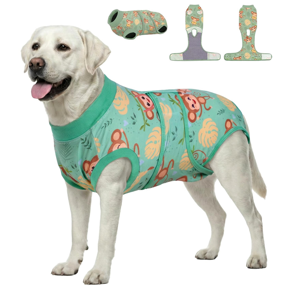 Traje PetWarm para perros con diseño mono verde 2XL, comodidad durante la recuperación