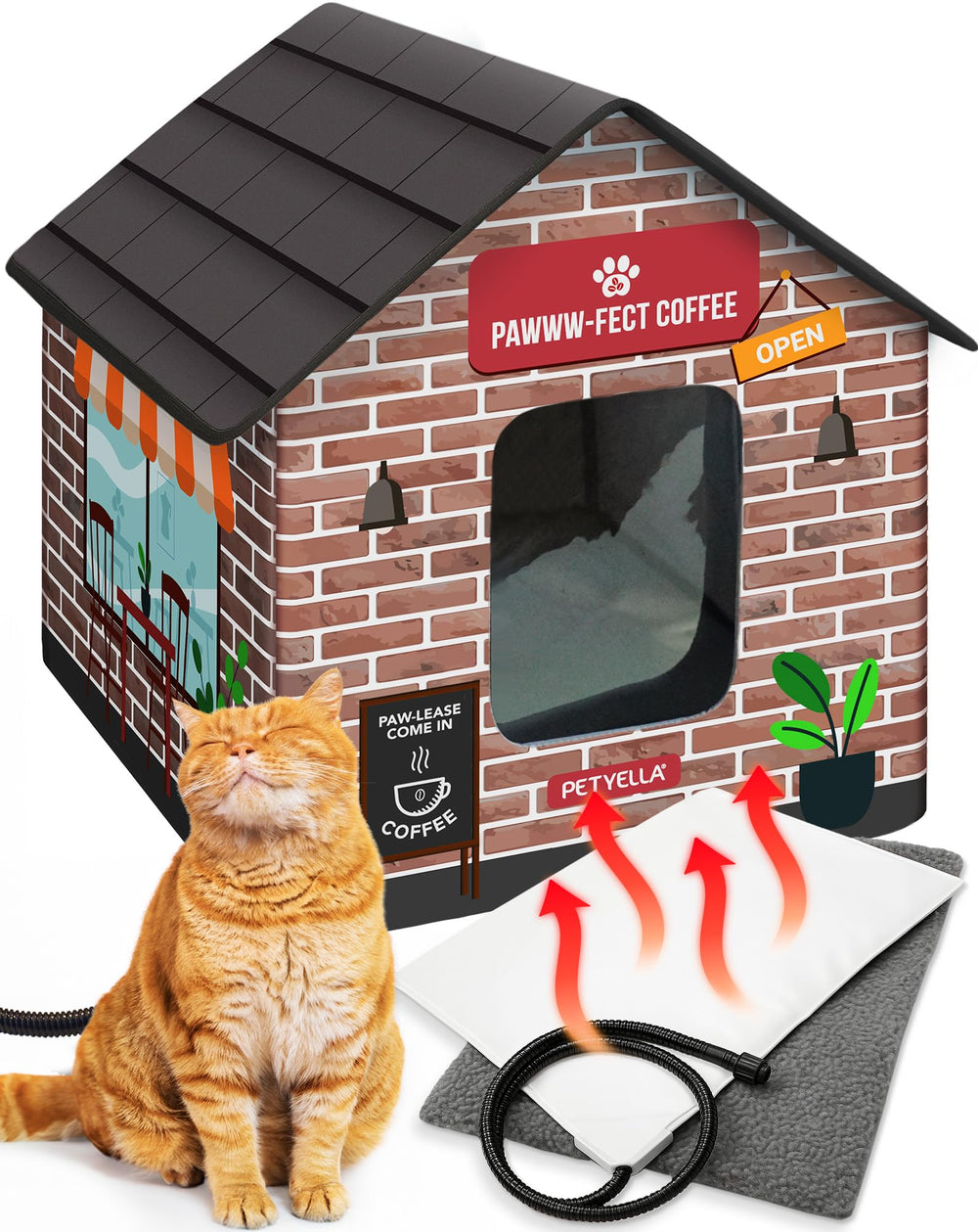 PETYELLA Deluxe Casa Gato, vista frontal cálida y acogedora para exteriores.