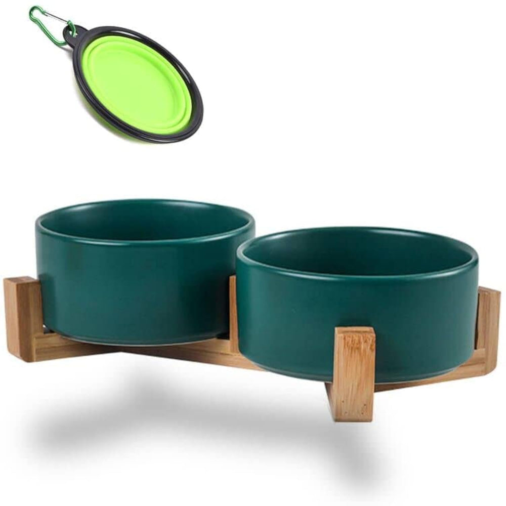 Petygooing tazones cerámicos dobles con base de madera, ideales para comida y agua.