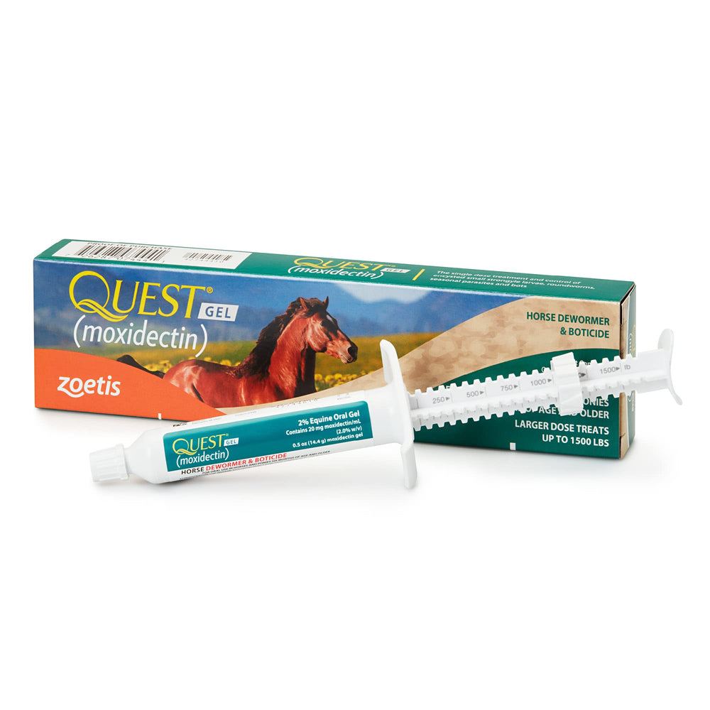 Quest Gel de Pfizer, jeringa Sure-Dial, dosificación precisa para caballos.