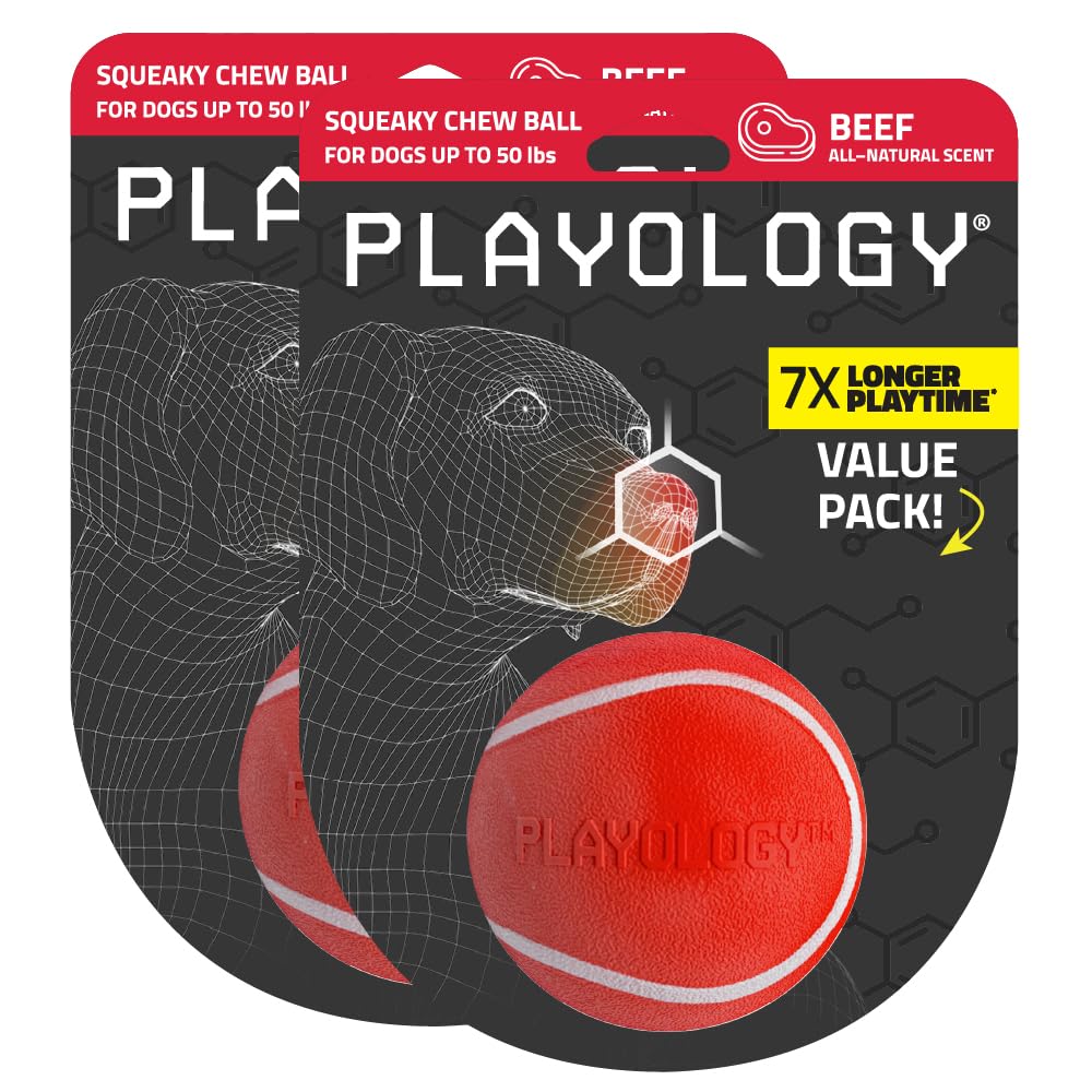 Bola Playology con chirrido, ideal para masticar y juego activo para perros medianos.