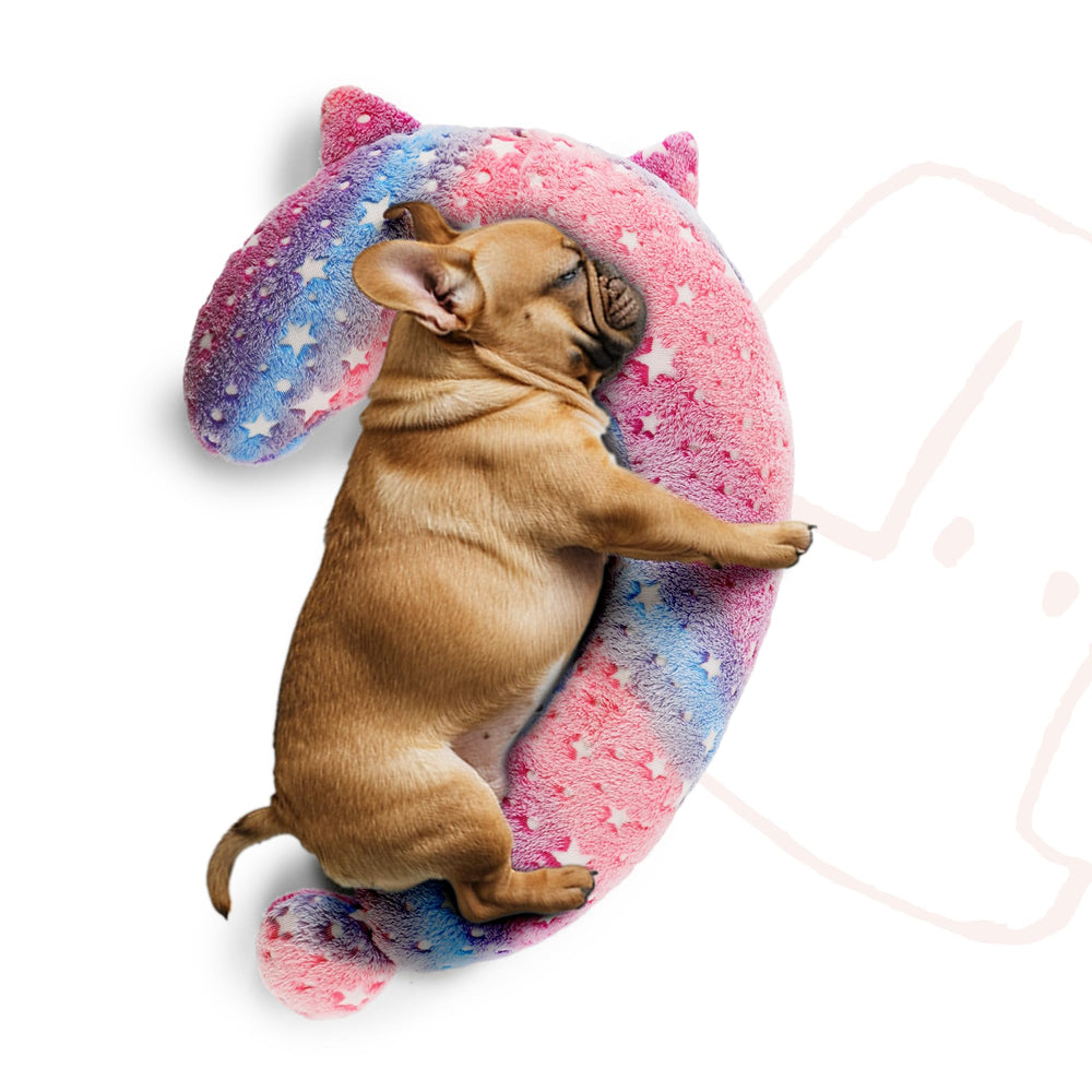 POMESEA Almohada calma perro, frente con brillo nocturno para descanso relajante.