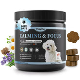 POPPAW Calming Chews para perros, sabor bacon, ayuda a controlar la ansiedad en actividades diarias.