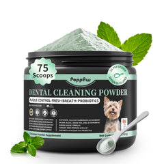 POPPAW polvos dentales para perros en empaque práctico para el uso diario.