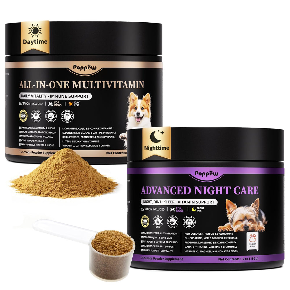 POPPAW suplemento para perros en polvo día-noche, ideal para mezclar con comida.