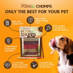 Pork Chomps sabores cerdo asado, pollo y tocino para el disfrute de tu perro.