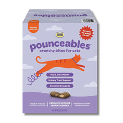 Pounceables frente al envase: snack de pollo para gatos con apoyo a articulaciones.