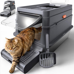 Powools caja de arena para gato con tapa de acero inoxidable, limpieza rápida.