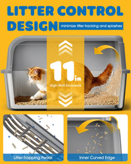 Powools caja de arena para gatos en acero inoxidable, borde enrollado hacia adentro para salpicaduras.
