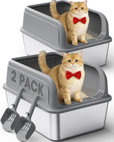 Powools caja de arena para gatos en acero inoxidable, frente del conjunto, ideal para hogares con varios gatos.