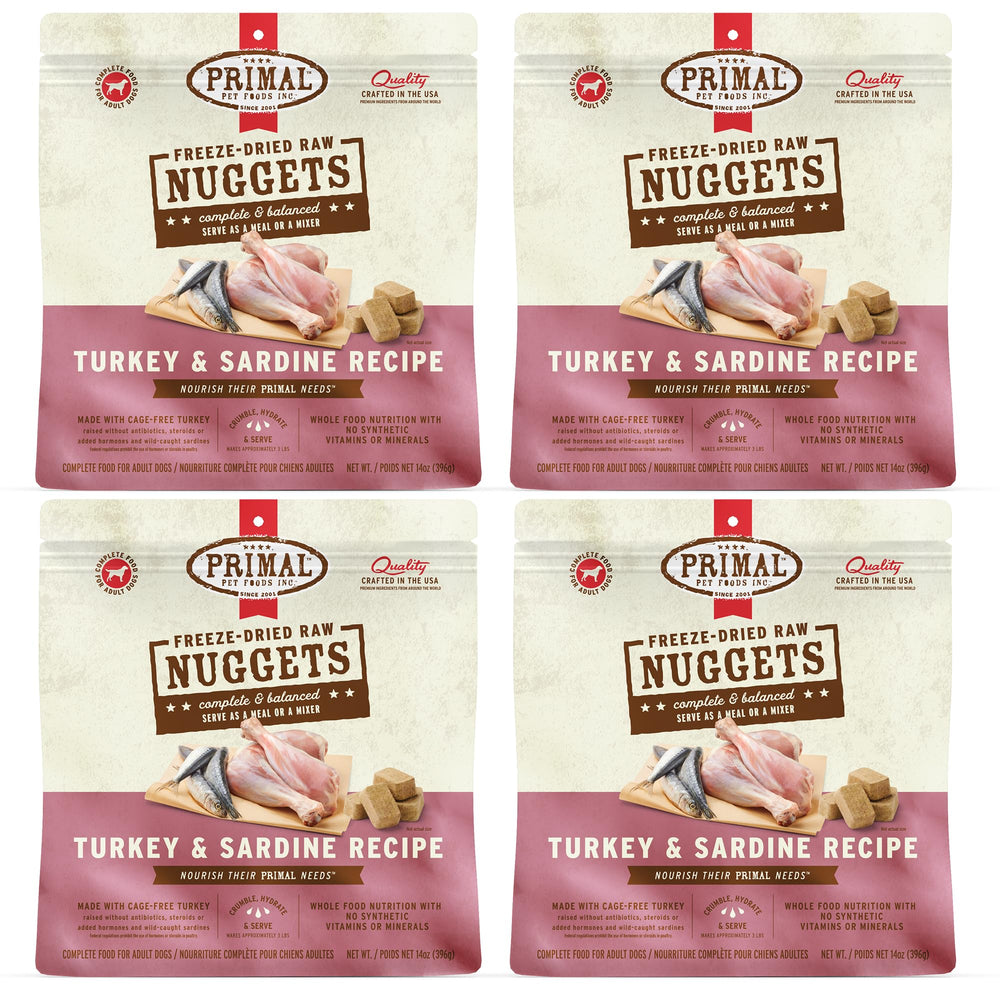 Primal Pet Foods cuñas pavo y sardina, frente del producto, listas para servir.