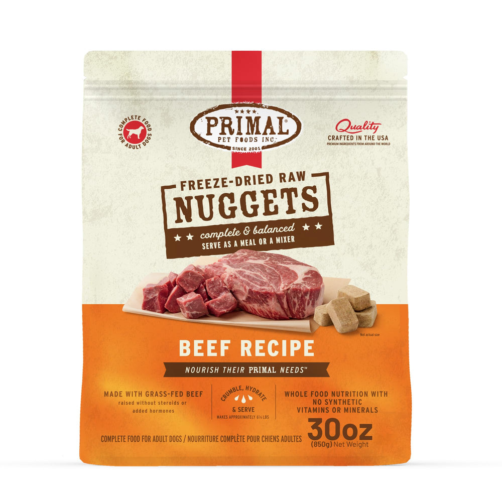 Primal liofilizado Nuggets de carne para una comida completa y sabrosa para perros activos.