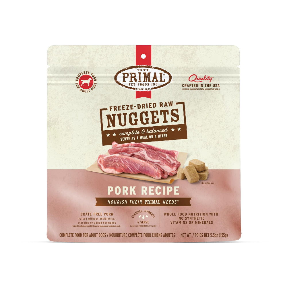 Primal Pet Foods Nuggets empaque frontal, práctico para compra diaria.