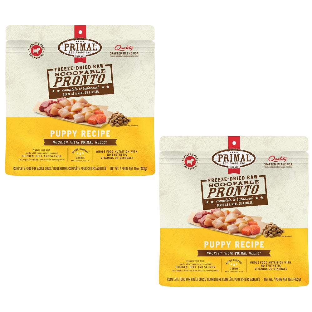 Primal Pet Foods Pronto Mini Nuggets en bolsa, listo para servir fácilmente.