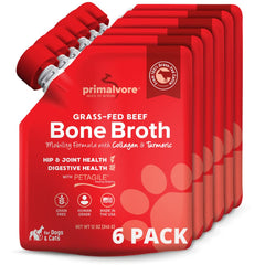 Primalvore caldo de hueso orgánico en botella, ideal para enriquecer la comida de la mascota.