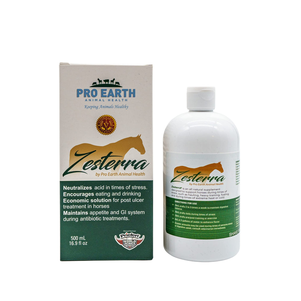 Zesterra 500ml de Pro Earth, vista frontal de la botella para caballos.