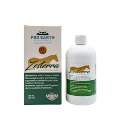 Zesterra 500ml de Pro Earth, vista frontal de la botella para caballos.