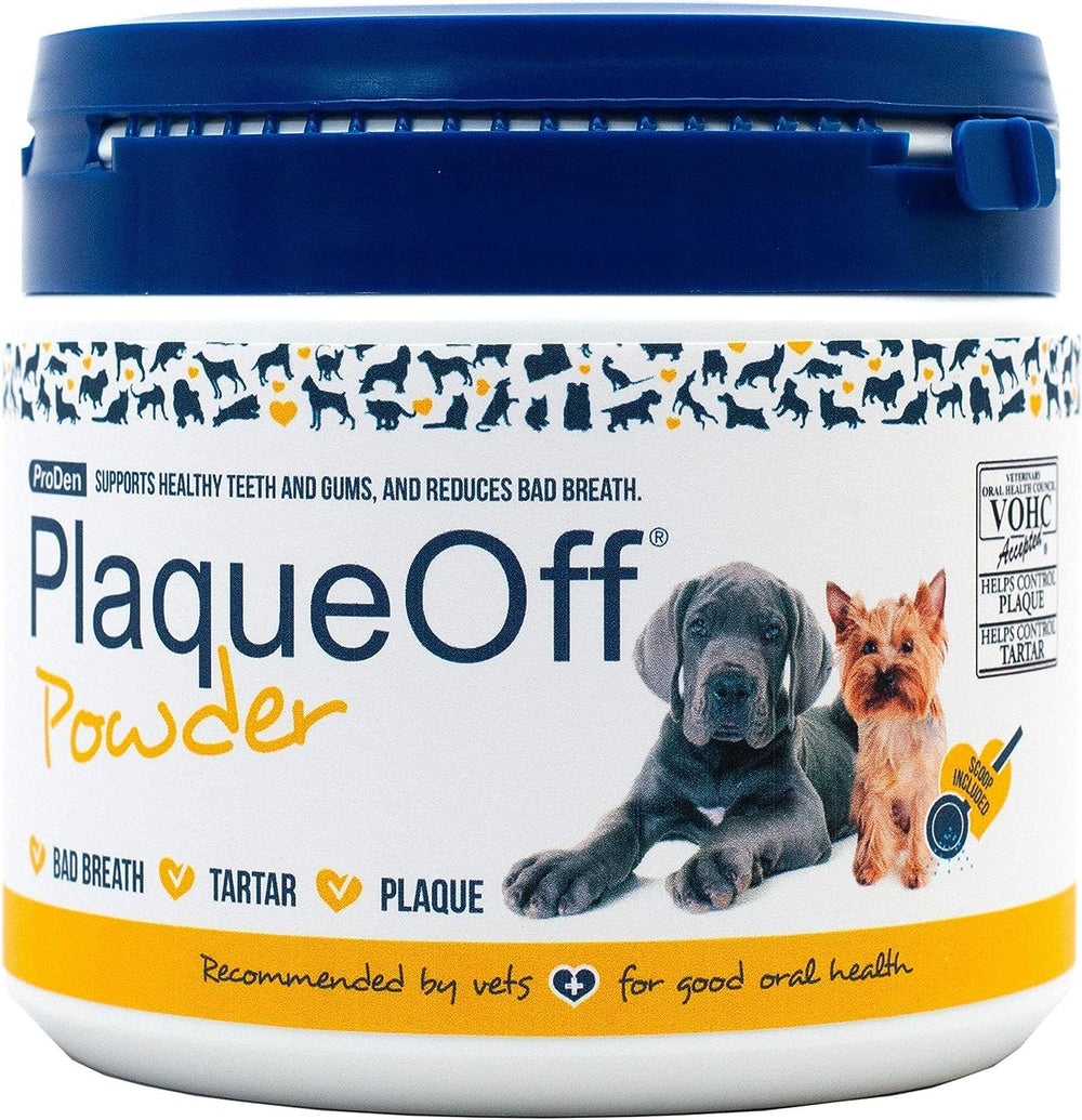Polvo dental ProDen PlaqueOff Mascotas para higiene bucal de mascotas, útil para uso diario.