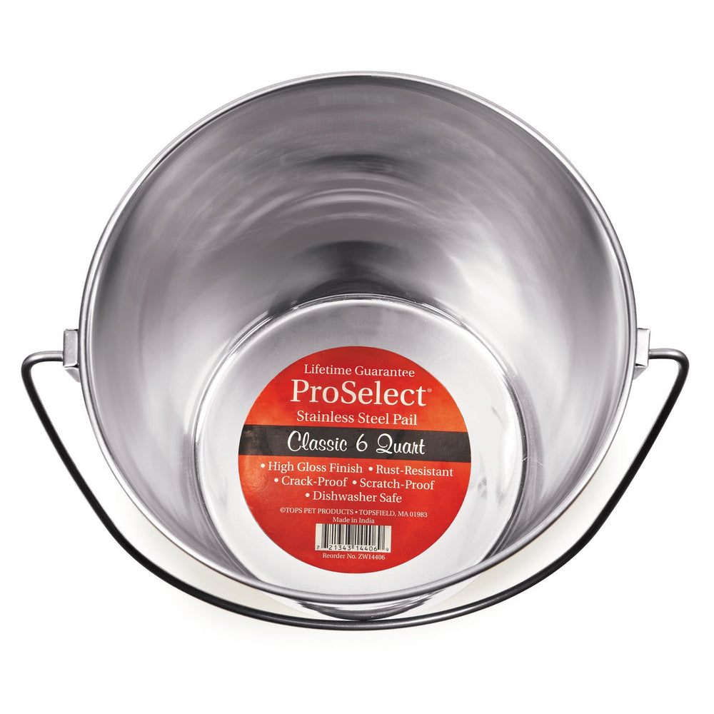 ProSelect balde de acero inoxidable con mango contorneado, uso en jaulas.