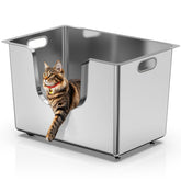 PTLOM caja de arena acero inoxidable XXL, frente abierto, ideal para gatos grandes y fácil acceso.