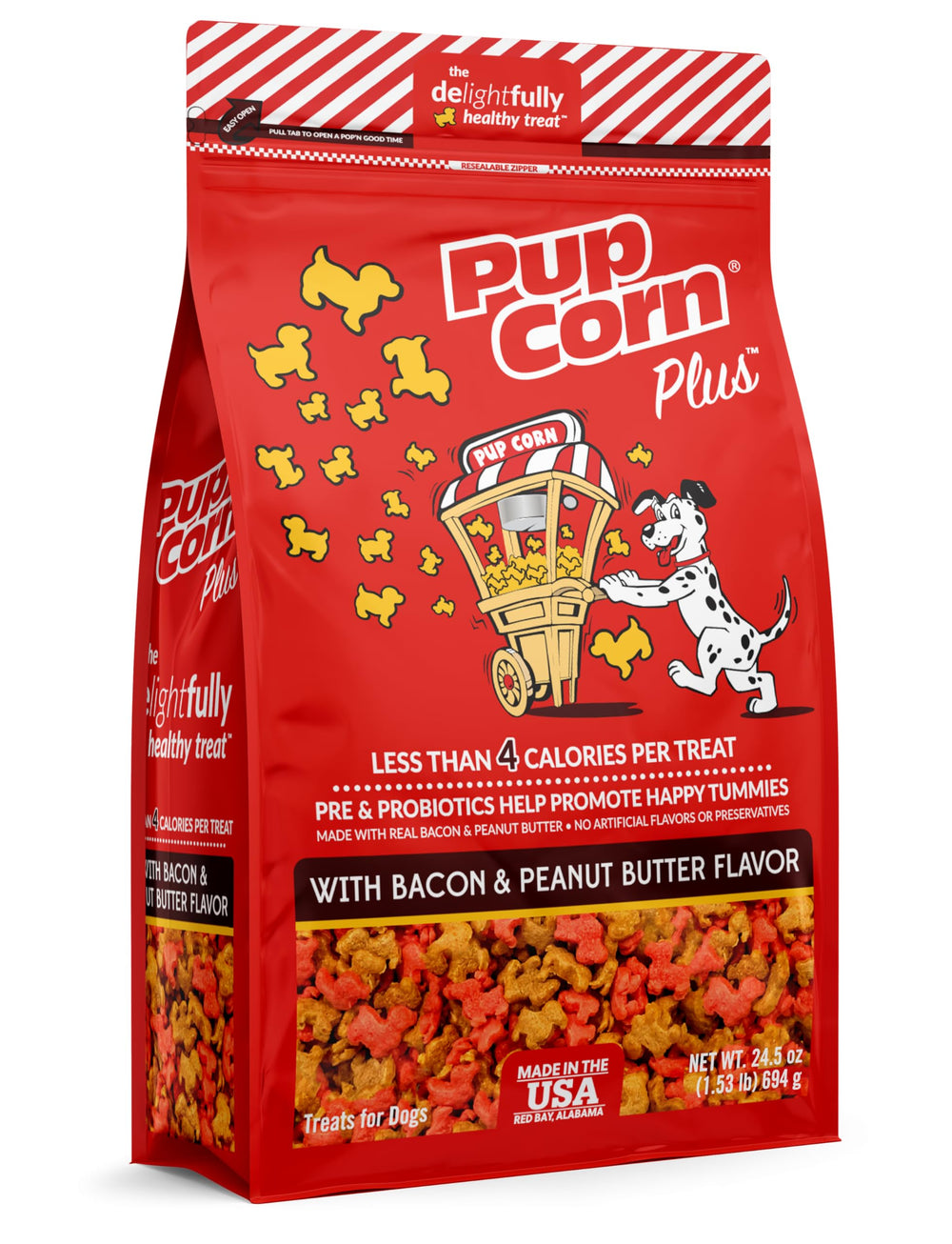 Pup Corn Plus con prebióticos y probióticos para apoyar la digestión.