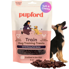 Pupford Premios suaves de cerdo en empaque, ideal para entrenar con refuerzo.