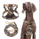 Puppytie arnés camuflaje marrón visto de frente para paseos seguros