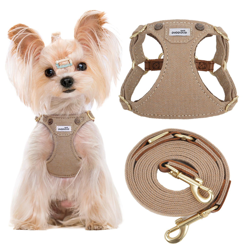 Puppytie No Pull XS Harness in denim mocha brown offers a comfortable, escape-proof fit.