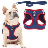 Arnés Puptech para perro, visión principal en tela vaquera azul marino, cómodo para paseos.