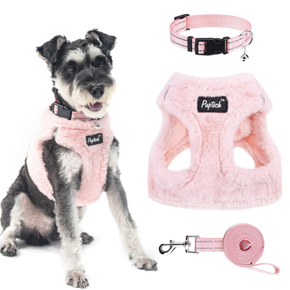 PUPTECK arnés ajustable con collar y correa rosa plush XS, cómodo y seguro para paseos