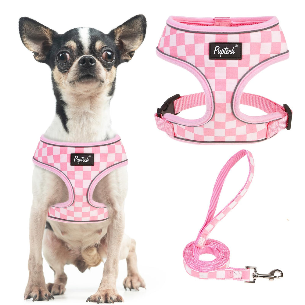 Arnés de malla suave PUPTECK con cuadros rosa-blanco para paseos cómodos.