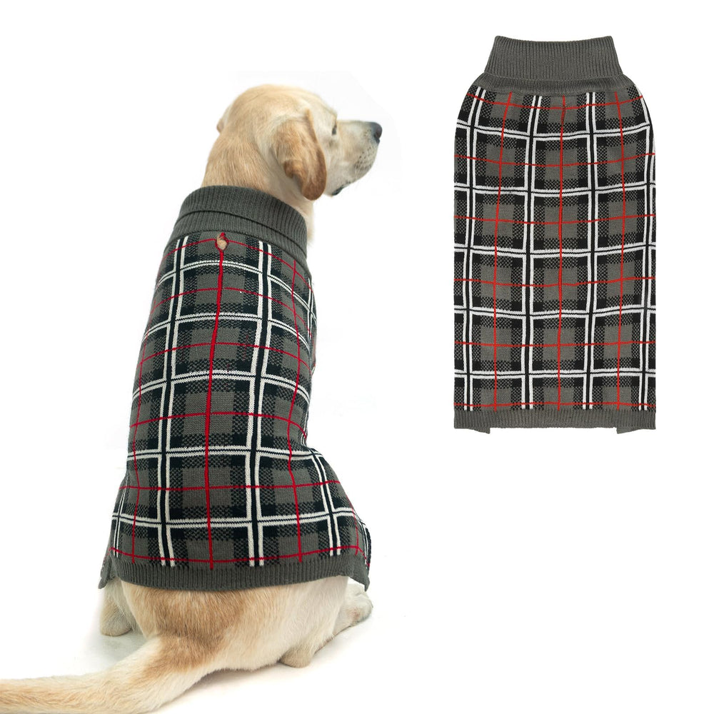 PUPTECK suéter para perro en frontal con estilo plaid gris, ideal para paseos invernales.